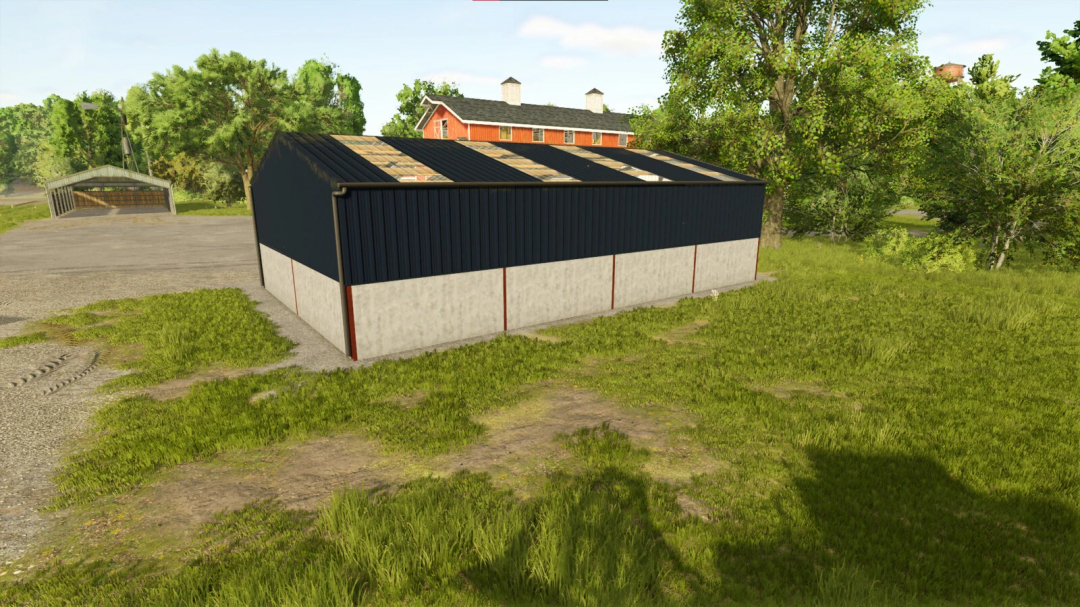 FS25 mod, Machinery Shed v1.0.0.0, a large steel shed on a farm with lush greenery in Farming Simulator 25.