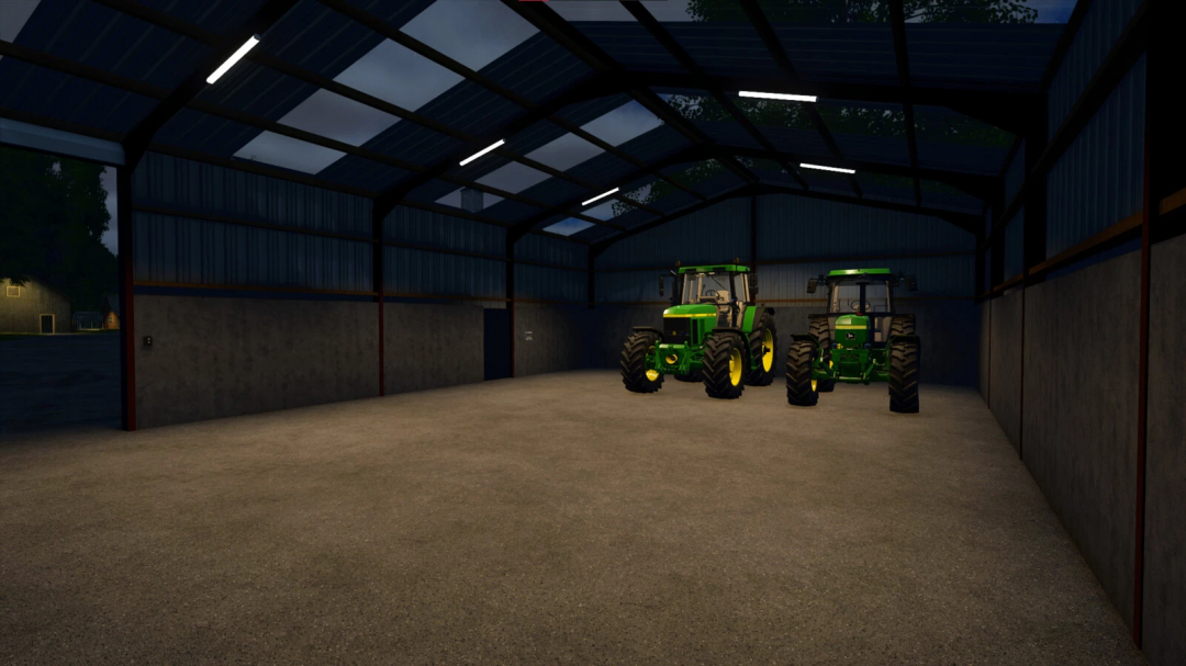 FS25 mods Machinery Shed v1.0.0.0 featuring two green tractors parked inside a spacious, well-lit farm shed.