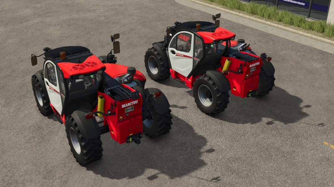 Manitou MLT 737 telehandlers in FS25 mod, Farming Simulator 25, parked on asphalt.