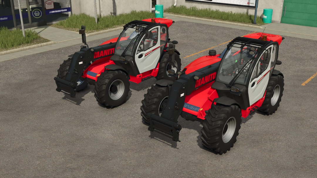 FS25 mod Manitou MLT 737 telehandlers parked outside, enhancing Farming Simulator 25 experience.