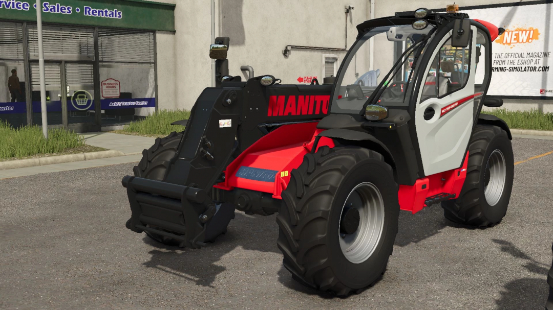 Manitou MLT 737 telehandler mod for FS25 parked outside a service center in Farming Simulator 25.