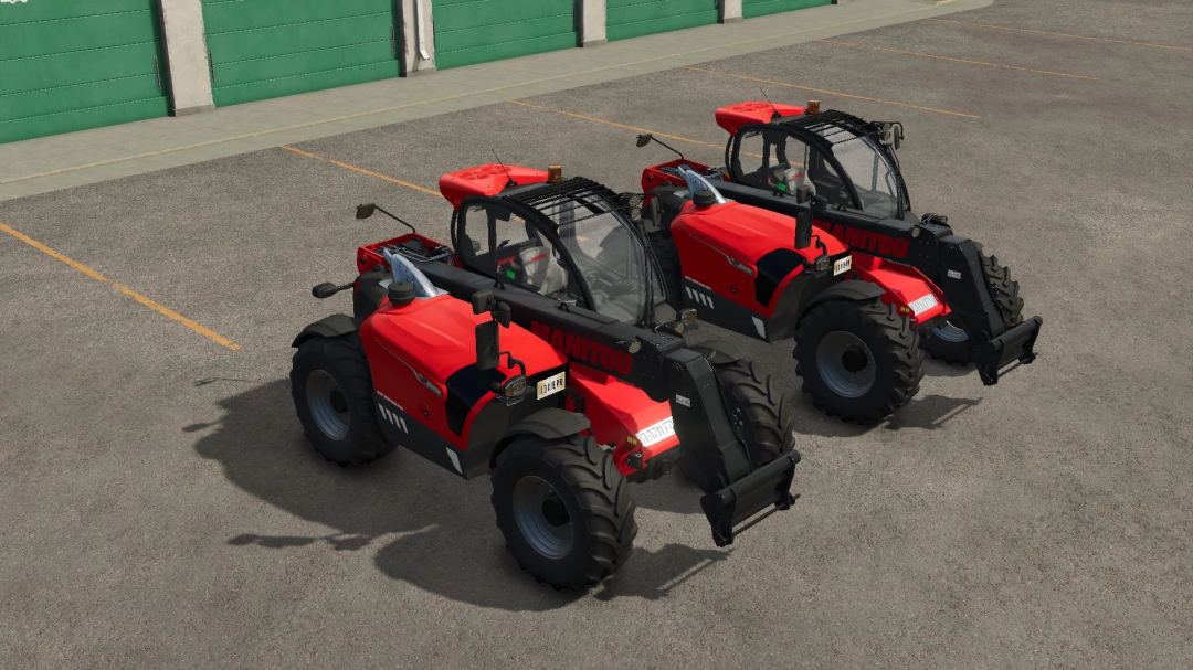 Two red Manitou MLT 737 telehandlers in Farming Simulator 25 mods.