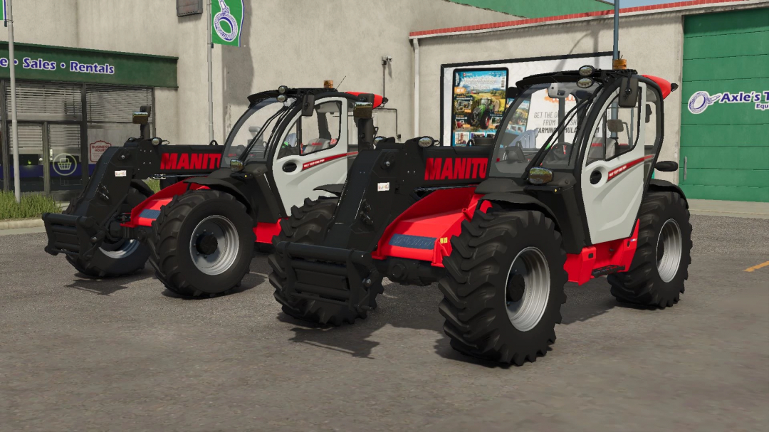 Manitou MLT 737 mod in Farming Simulator 25, showcasing two red and black telehandlers in a rental yard.