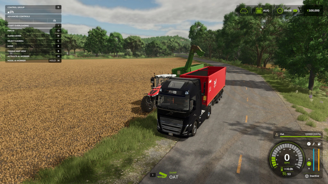 FS25 mod Manual Discharge v1.0.0.0 showing a truck unloading oat from a tractor in a field.