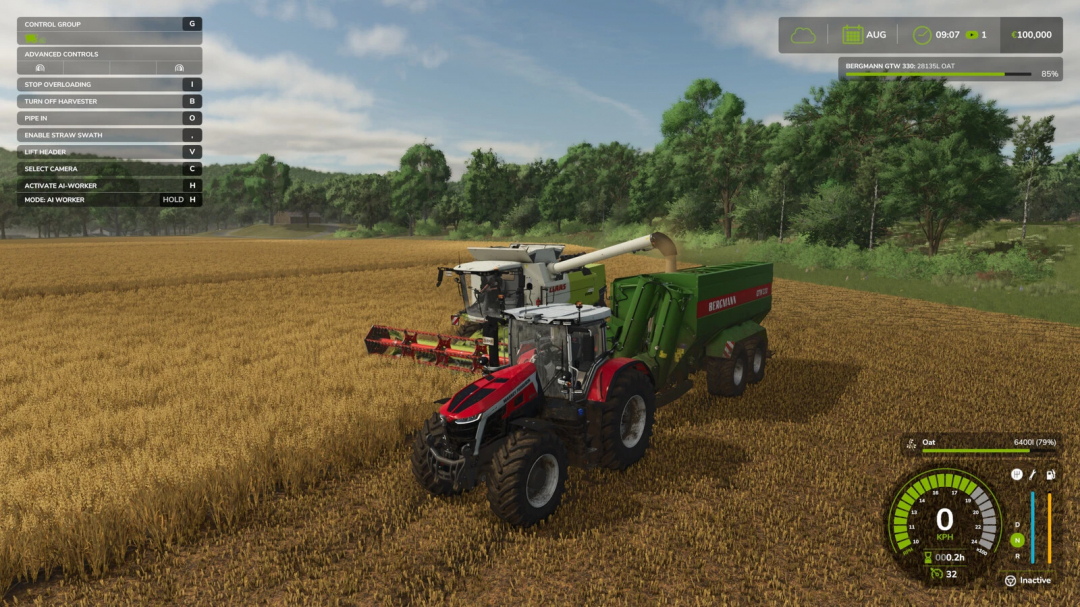 FS25 mod Manual Discharge v1.0.0.0 showing tractor and harvester in wheat field with UI controls visible.