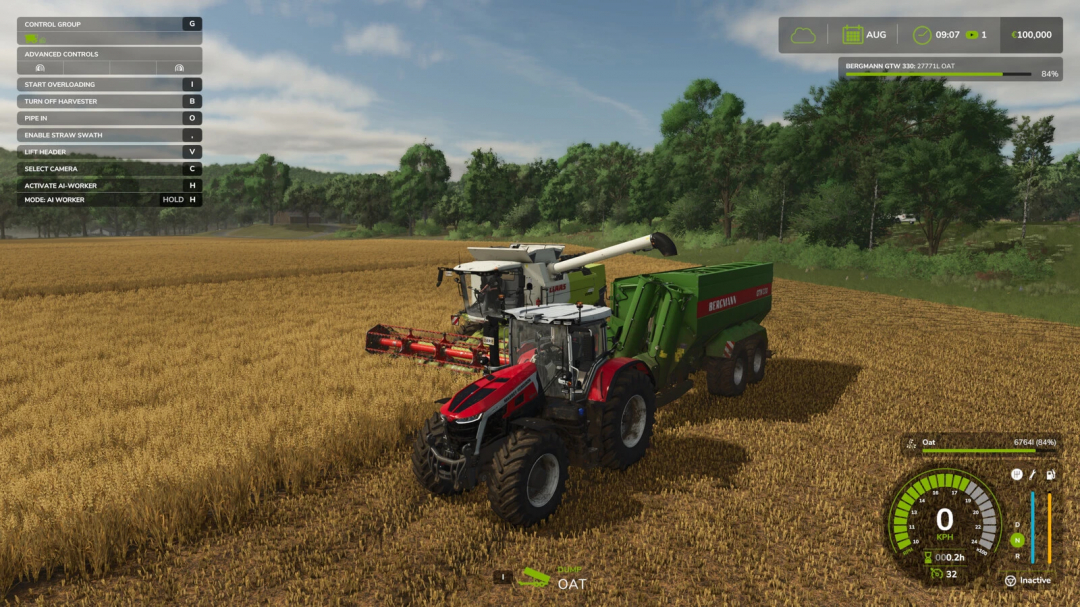 Manual Discharge mod in FS25: Harvester unloading oats into a trailer in a field.