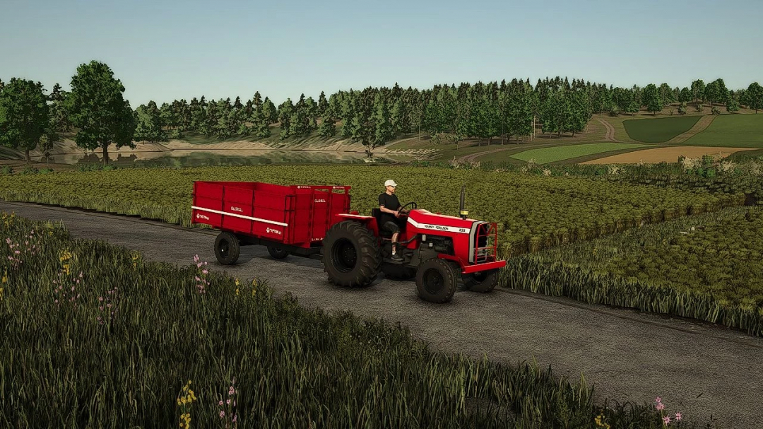 Massey Ferguson 235 pulling a red trailer on a farm road in FS25 mod scene.