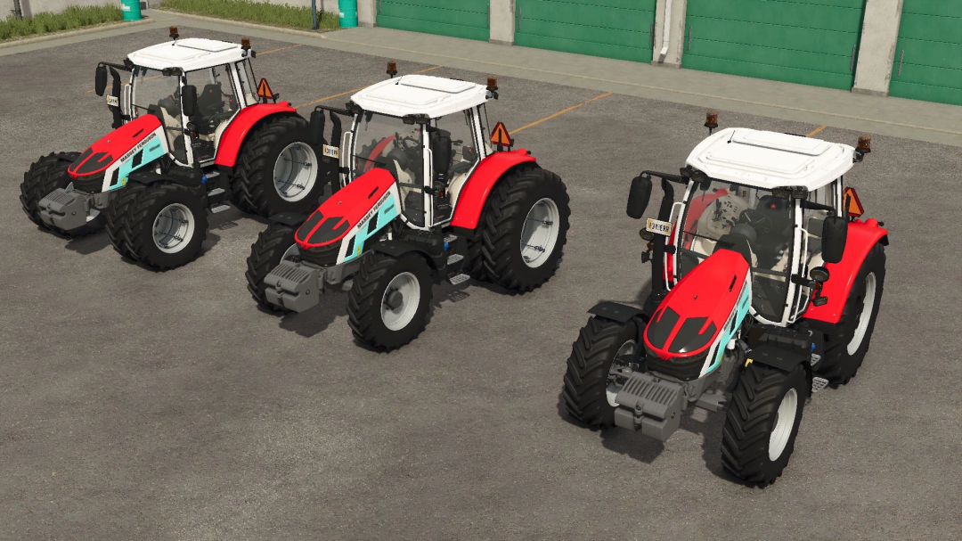 Massey Ferguson 5S tractors in FS25 mod v1.0.0.0 displayed in a row with red and white design.