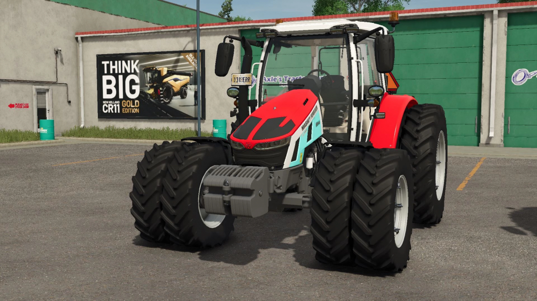 Massey Ferguson 5S tractor mod in FS25, showcasing dual front tires in a parking area.