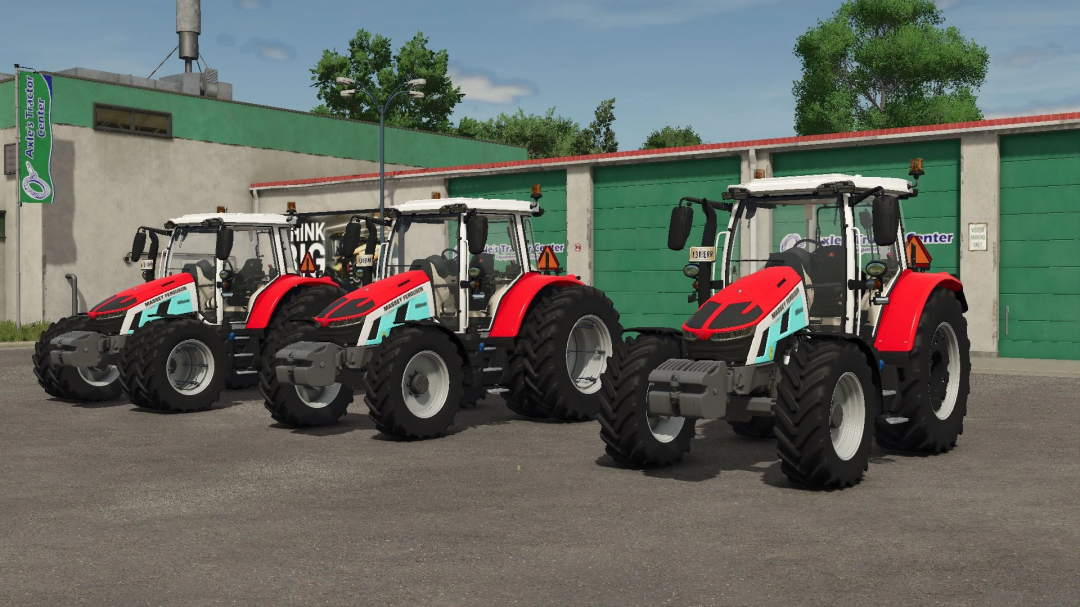 Three Massey Ferguson tractors parked in a row, featuring the 5S mod for FS25 at a tractor center.