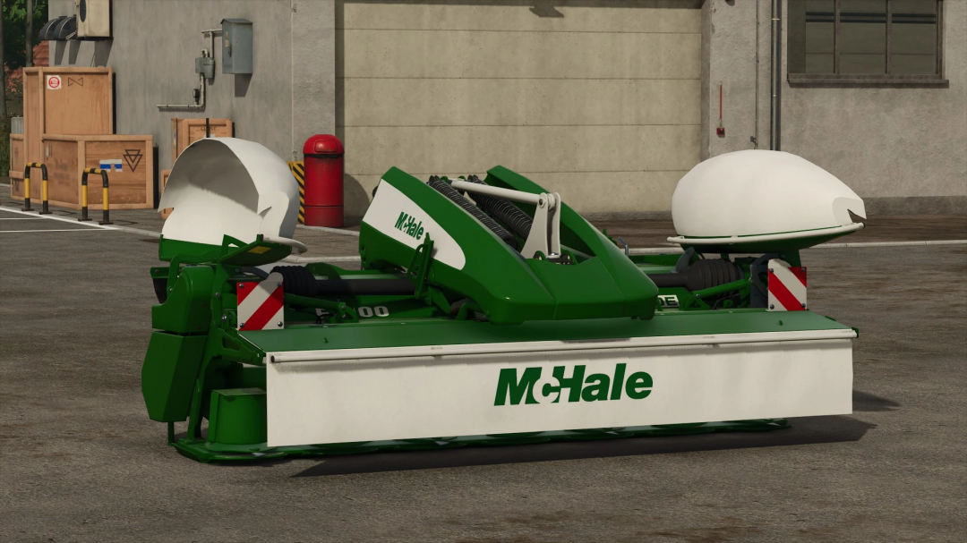 McHale Proglide F3100 mower mod in FS25, showcasing green agricultural equipment in a farmyard.