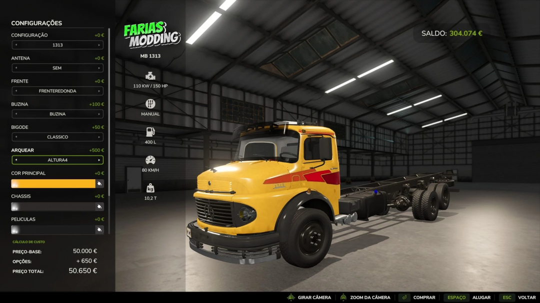 Mercedes Benz 1313 truck mod in FS25, showing customization options like color and chassis in a garage setting.