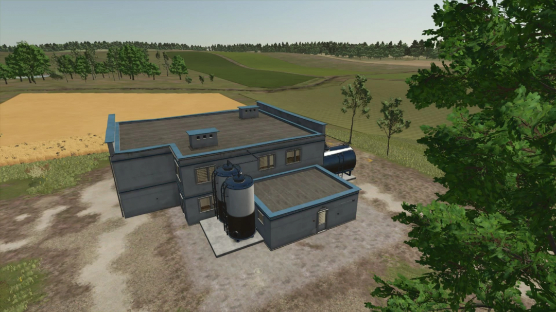 Methane production building in Farming Simulator 25 mod MethanolCasale v1.0.0.0, set in a scenic rural landscape.