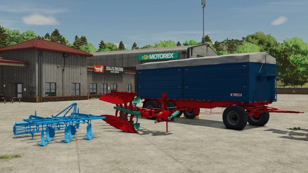 FS25 Modern Classics DLC v1.0.0.0: Farming equipment parked outside a dealership with trees in background.