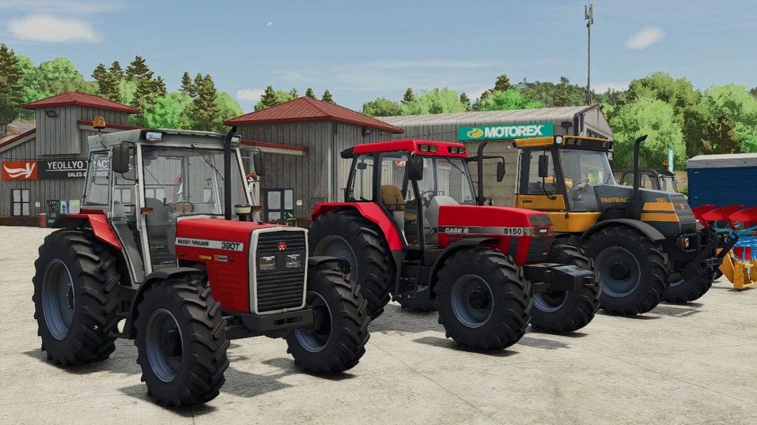 FS25 Modern Classics DLC: three vintage tractors parked at a dealership.