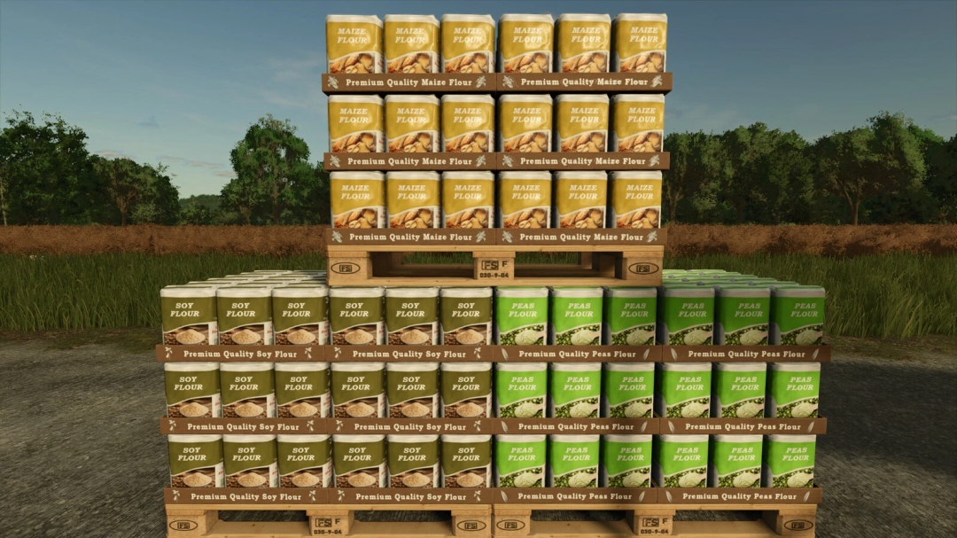 FS25 mods More Flours v1.0.0.0 showing stacks of maize, soy, and peas flour on pallets.