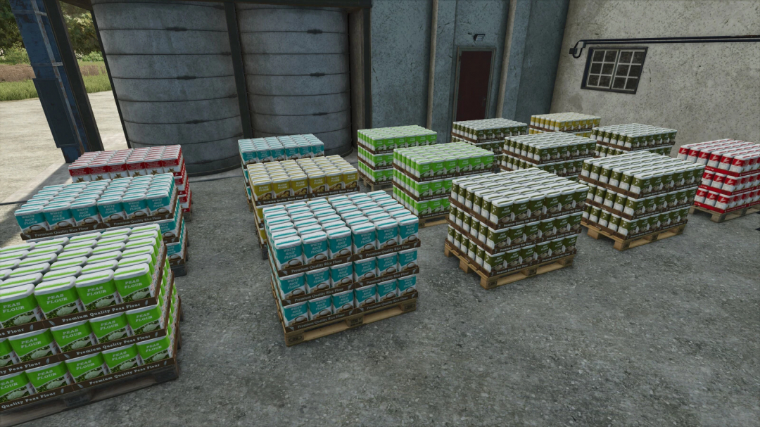 Pallets of various flour types in Farming Simulator 25 More Flours mod v1.0.0.0, enhancing grain processing.