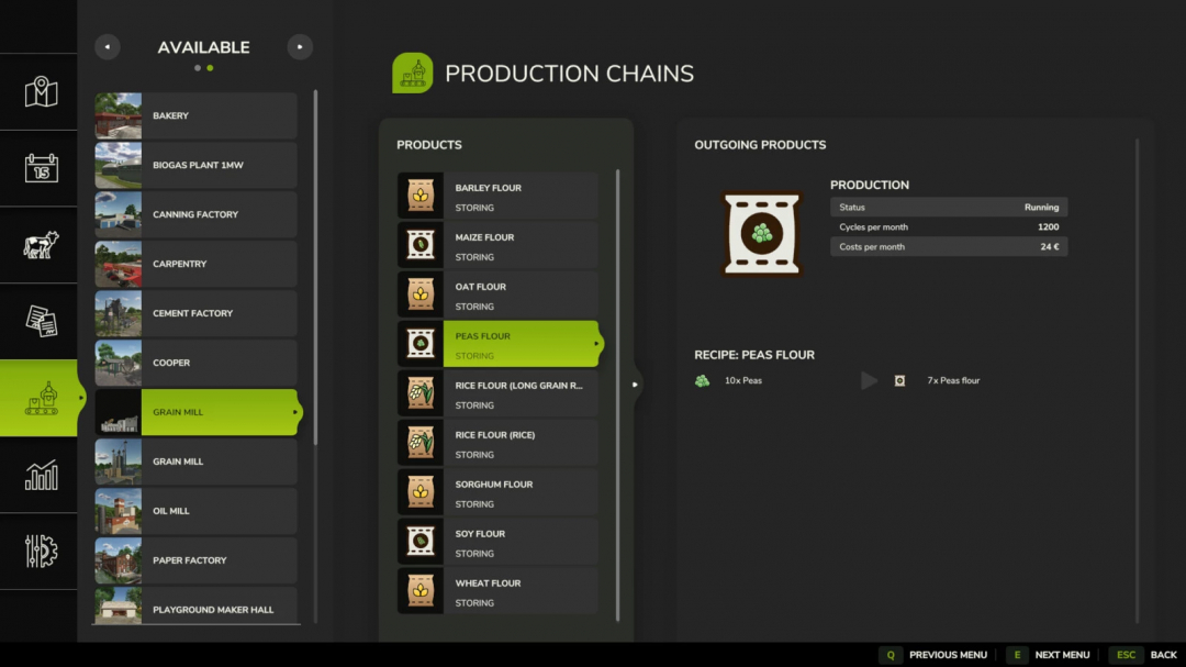 FS25 mods interface showing Production Chains menu for Grain Mill with various flours like peas flour.