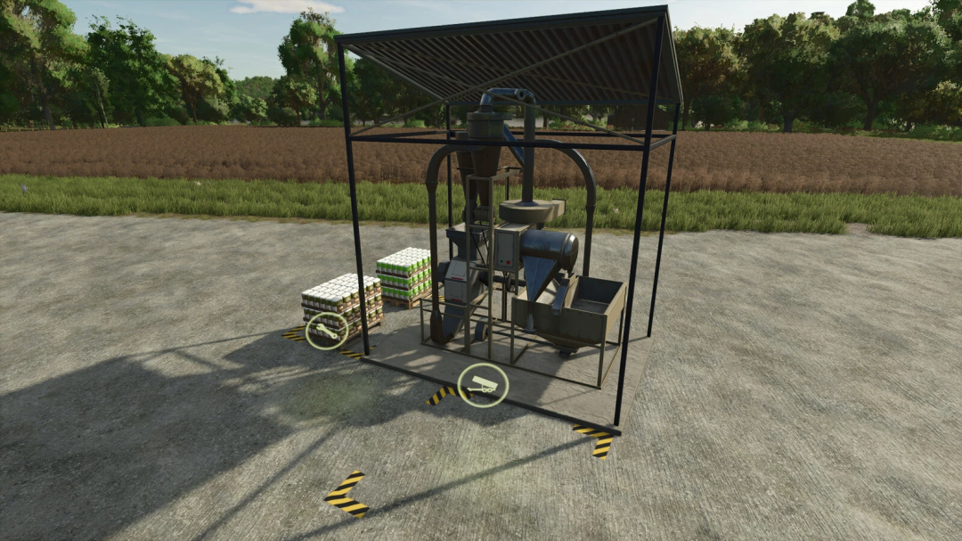 FS25 mod More Flours v1.0.0.0, showing a milling machine and stacked flour bags in a farm setting.