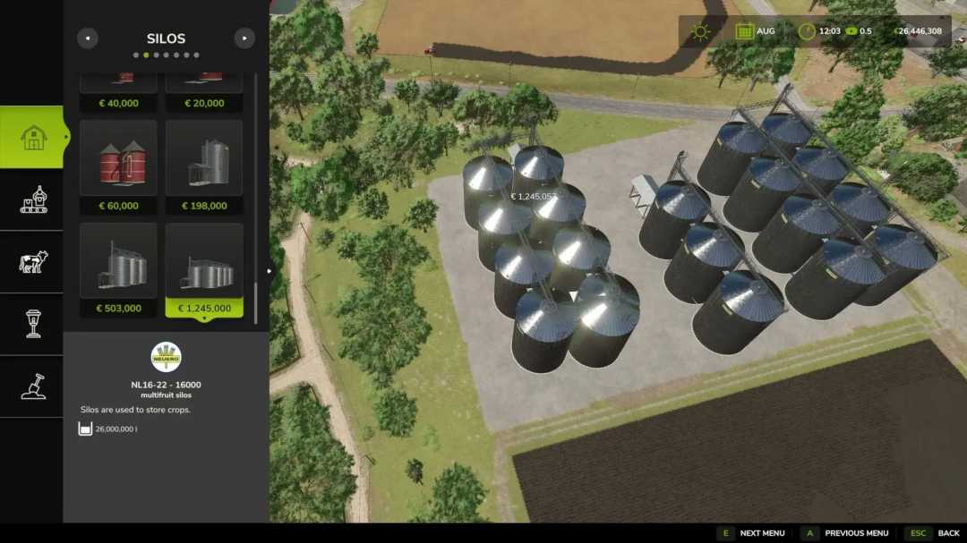 Multifruit Silos v2.0.0.0 in FS25, displaying various storage options for crops.