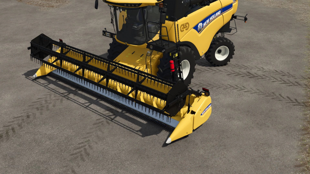 FS25 mod New Holland SuperFlex 25 v1.0.0.0 harvester on asphalt, showcasing yellow front and cutting attachment.