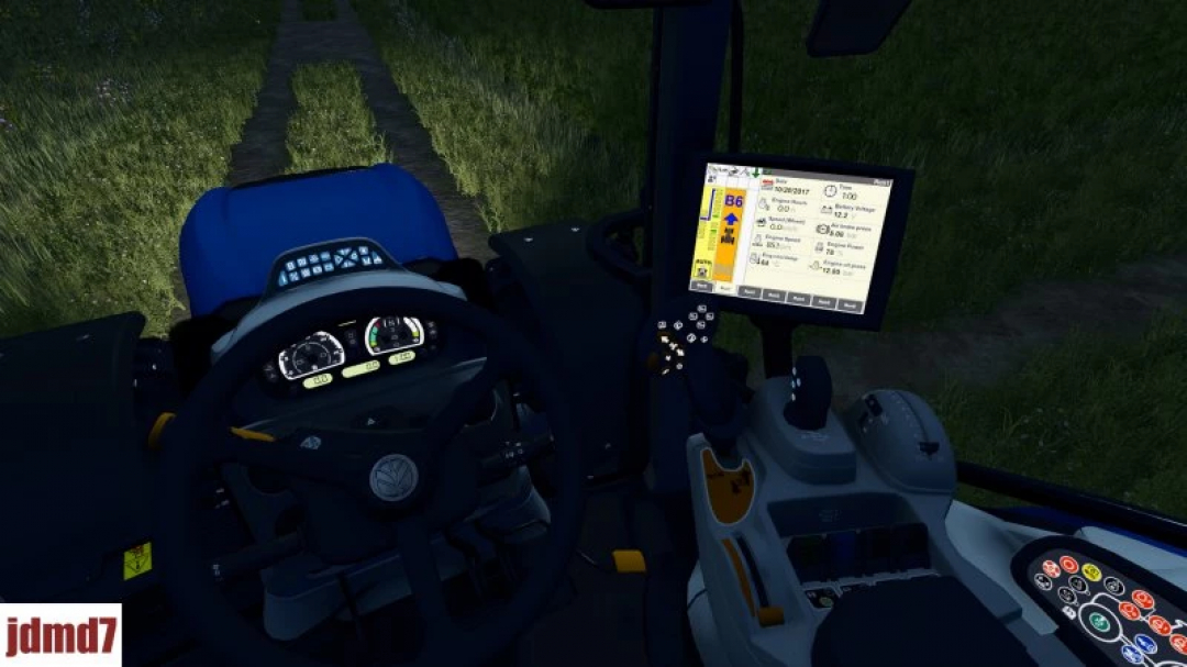 Interior view of New Holland T6.180 2020 tractor in FS25 mod with dashboard and control panel displayed.