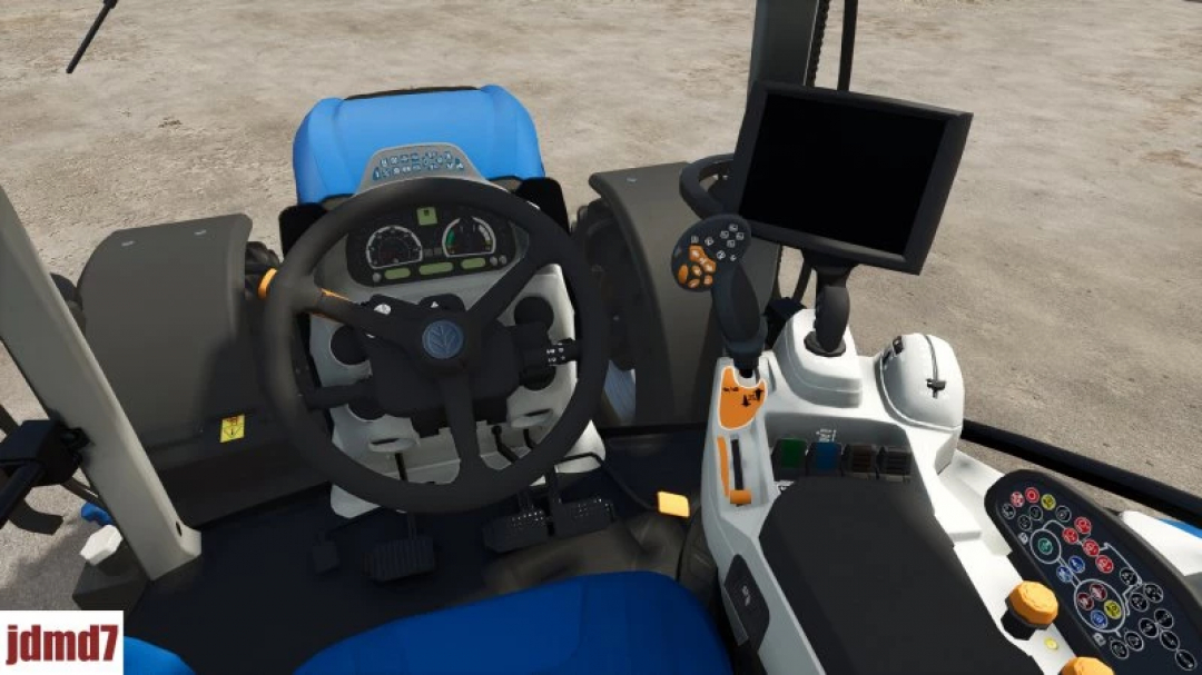 Interior view of the New Holland T6.180 2020 tractor mod in FS25, showcasing the driver's dashboard and control panel.