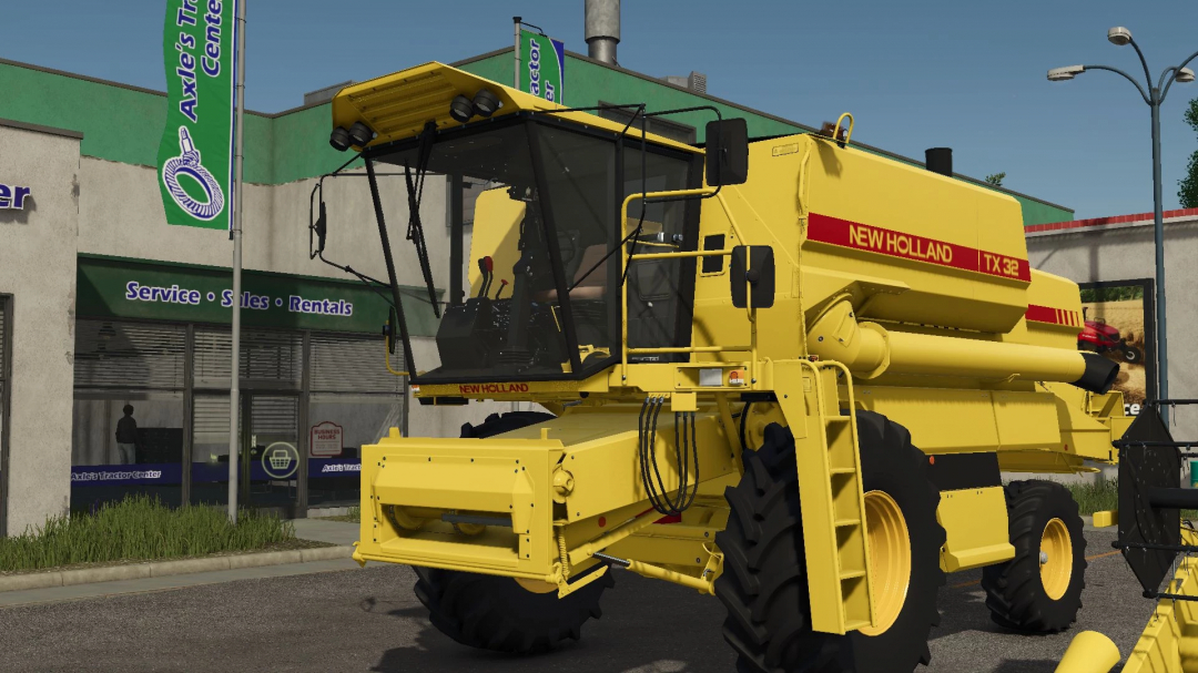 New Holland TX 32 harvester parked outside a service center in FS25 mod.