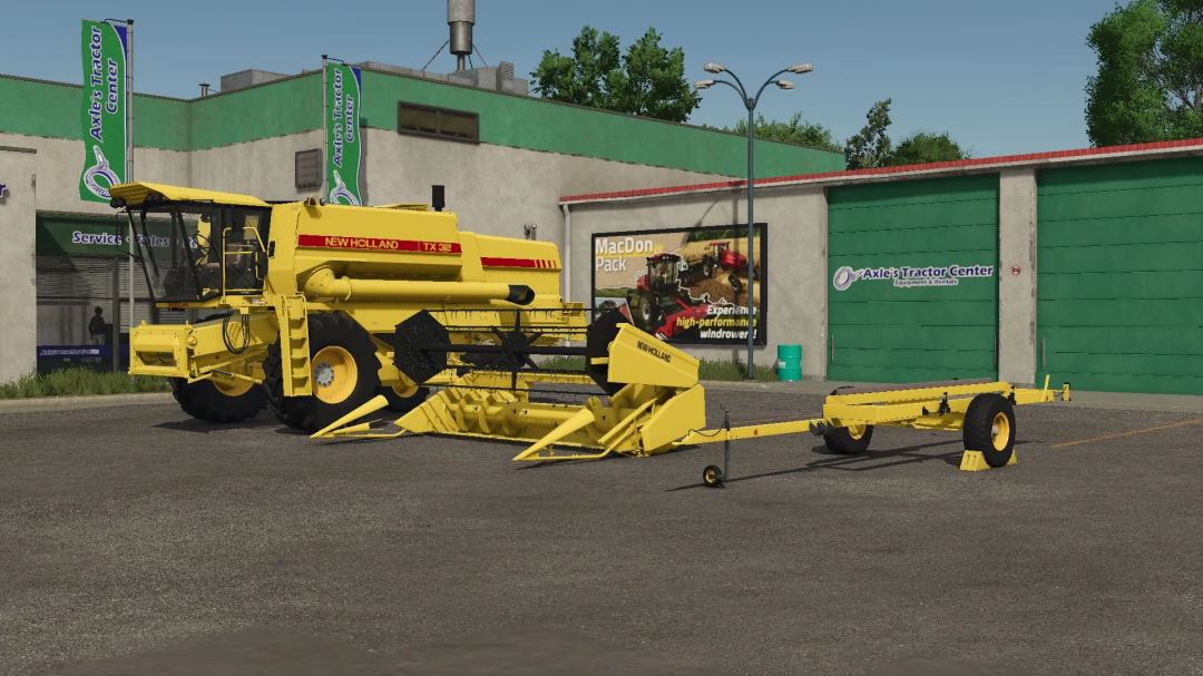 FS25 mods: New Holland TX 32 combine harvester parked at Axle's Tractor Center in Farming Simulator 25.