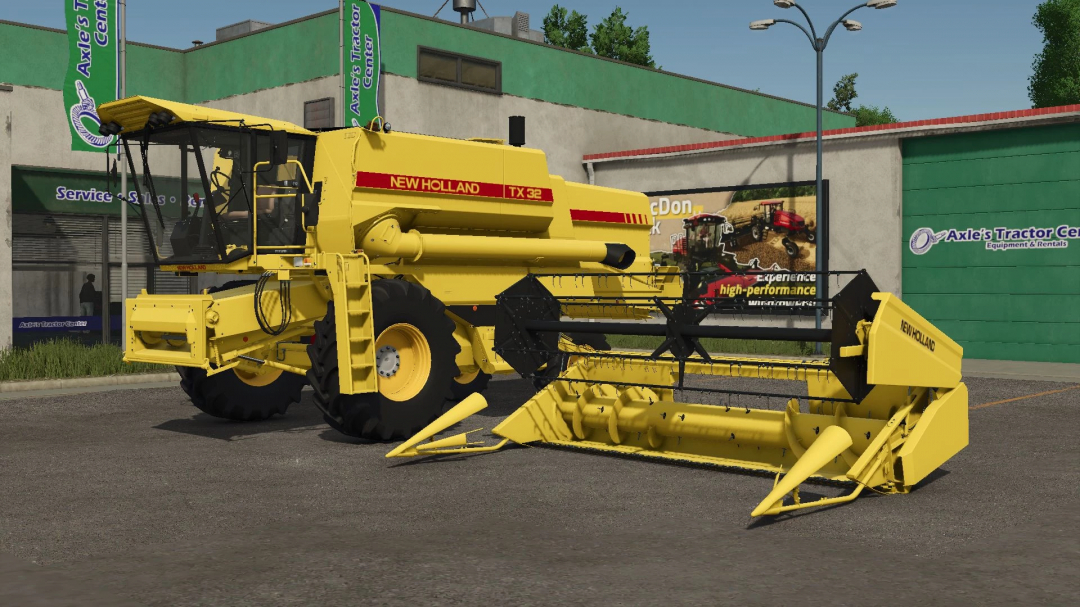 New Holland TX 32 mod in FS25, showcased outside a tractor store with vibrant yellow details.