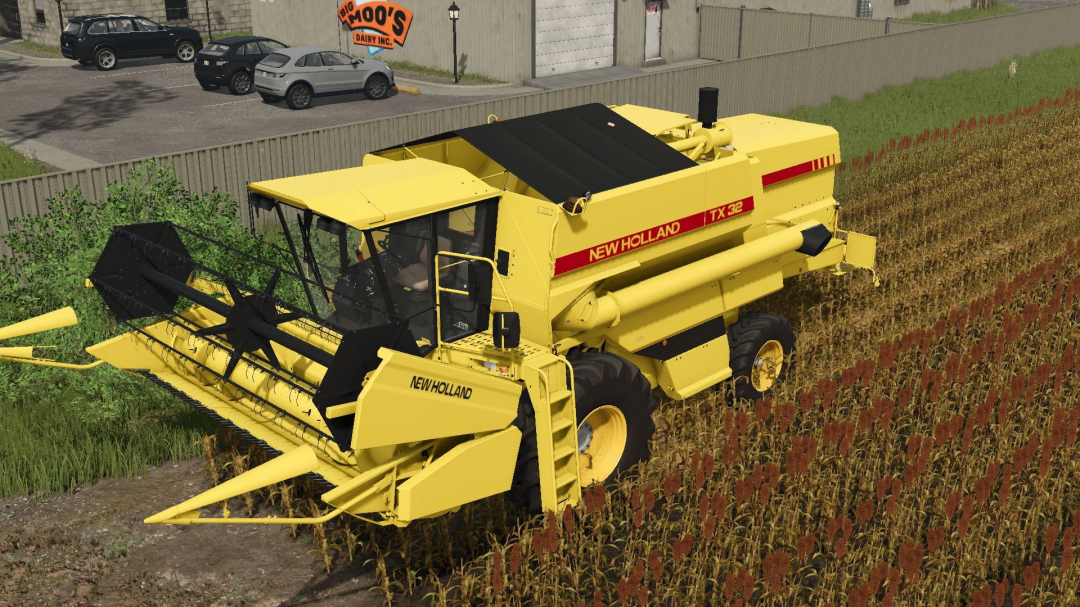 New Holland TX 32 combine harvester mod in FS25, showcasing its detailed design in a field.