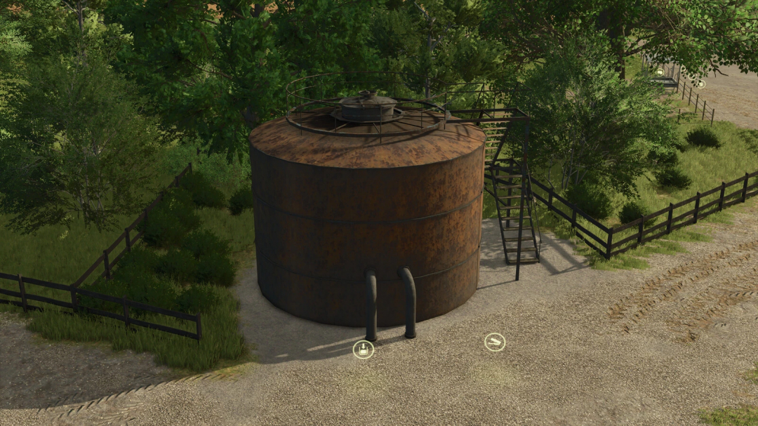 Old slurry tank in Farming Simulator 25 mod, nestled among trees and fences.