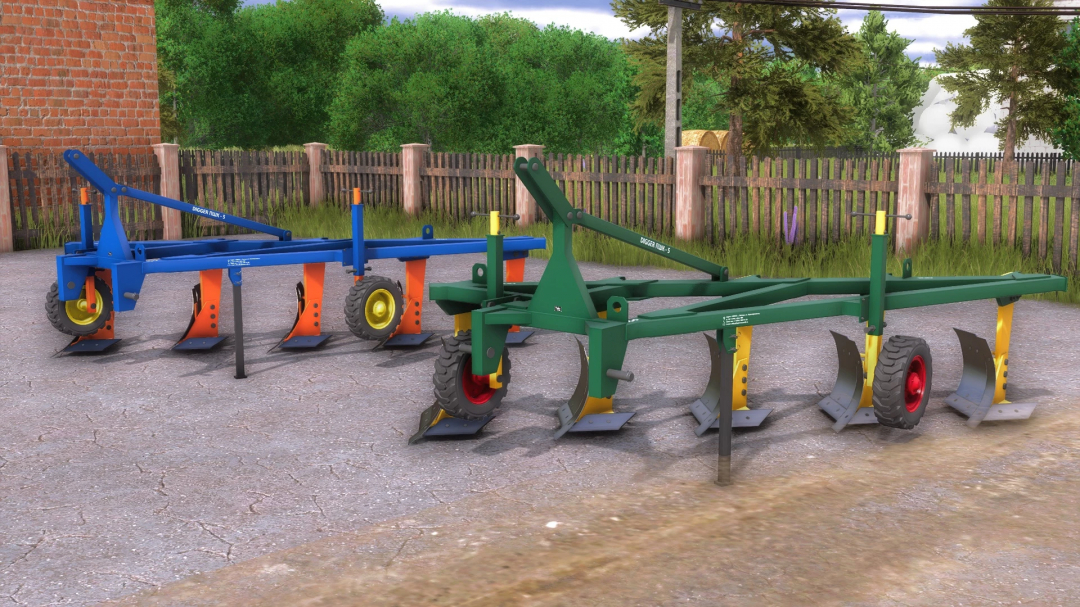 FS25 mods PShK-5 Plow v1.0.0.0, blue and green plows on a paved surface, farming equipment in Farming Simulator 25.