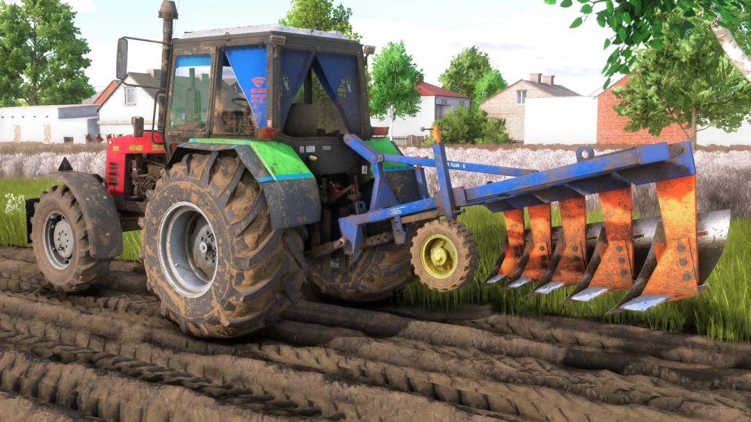 FS25 mod PShK-5 Plow v1.0.0.0 attached to tractor, plowing field.