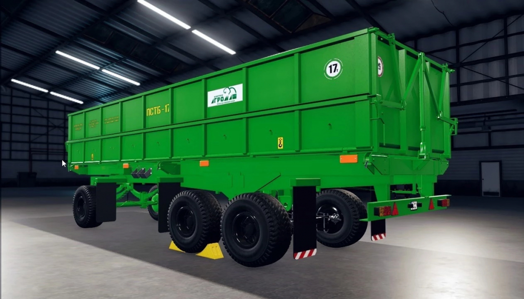 FS25 mod PTSB-12/17 v1.0.0.1 green trailer in a warehouse