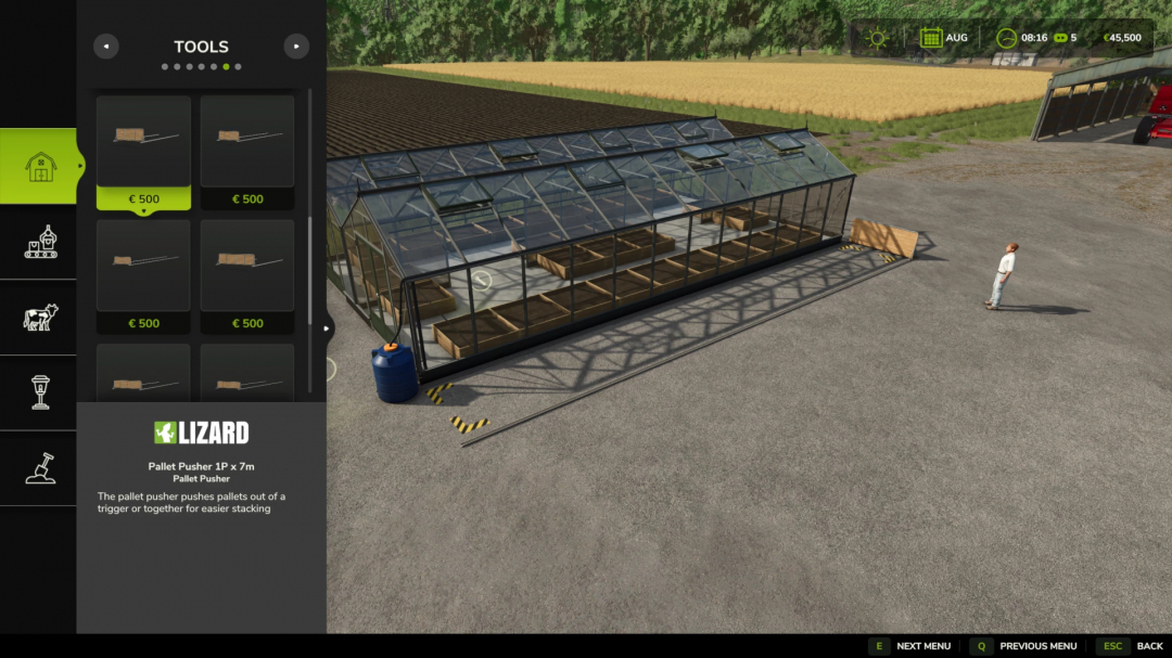 FS25 mod Pallet Pusher v1.0.0.0 interface and greenhouse in Farming Simulator 25.