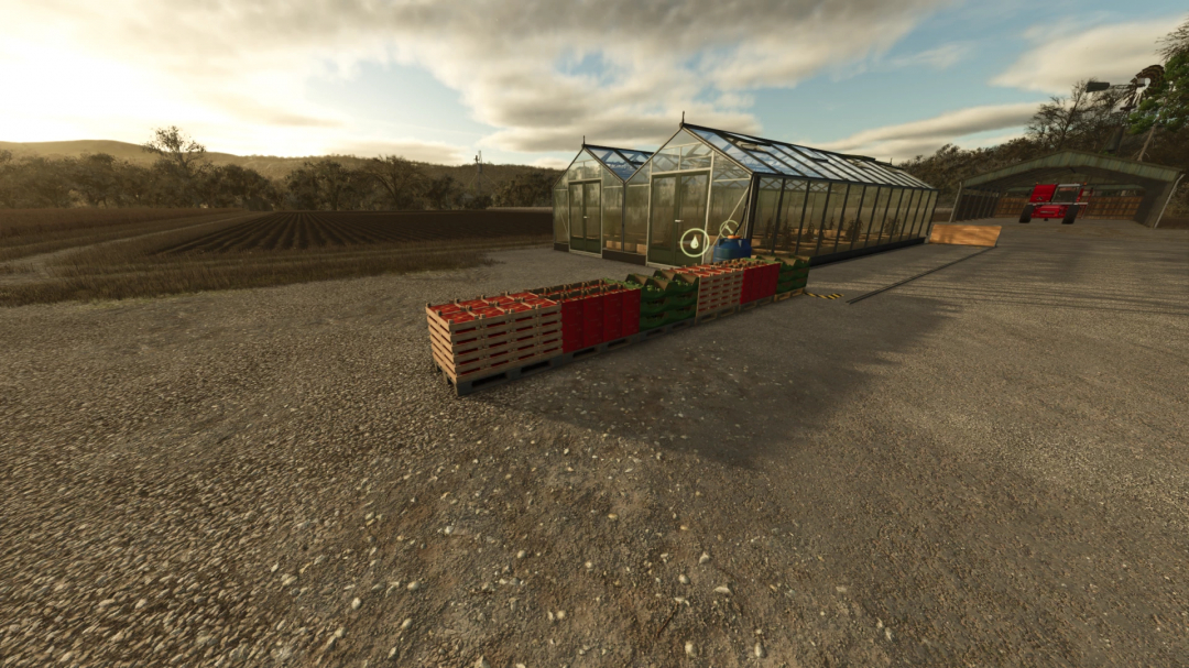 FS25 Pallet Pusher mod showcasing greenhouses and pallets on a farm.