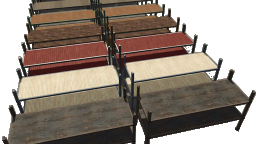 FS25 Pallet Shelf v1.0.0.0 mod showing multiple shelves in various colors for Farming Simulator 25.