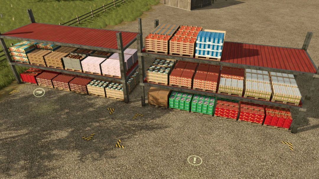 FS25 mods, Pallet Shelf v1.0.0.1 showcasing various goods stacked in a farm setting.