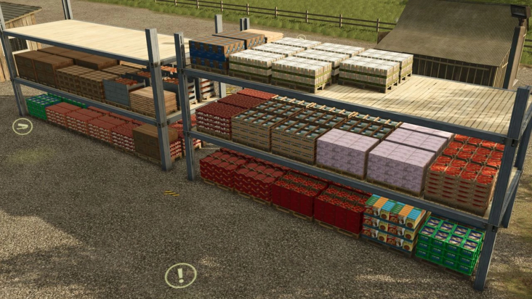 FS25 mod: Pallet Shelf v1.0.0.1 displays various pallets stored in a shed.