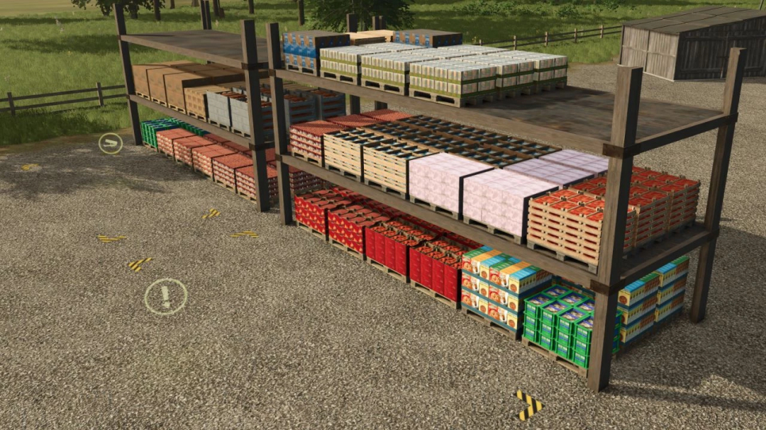 Pallet Shelf v1.0.0.1 mod for FS25 showing organized pallets with various goods in a farming setting.