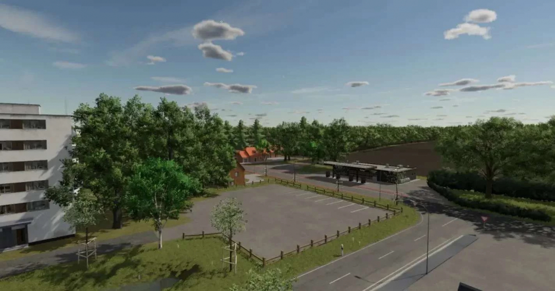 Farming Simulator 25 Papenburg Map 2 features a parking lot, trees, and a building under a clear sky.