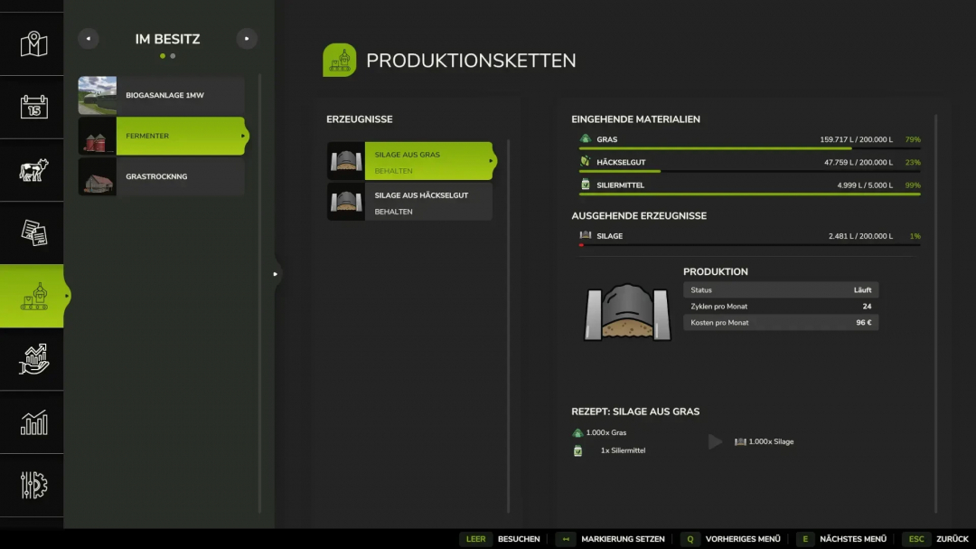 FS25 Produktionpack v1.1.0.0 mod interface showing silage production process with materials and status.