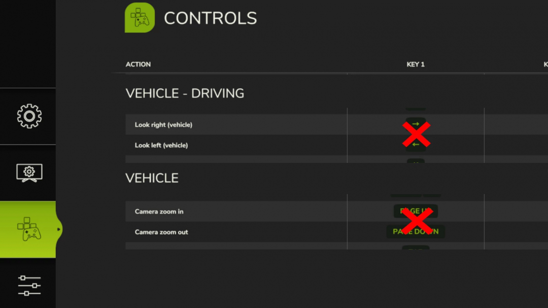 FS25 Quick Camera v1.0.0.0 mod control settings showing vehicle driving and camera zoom actions.