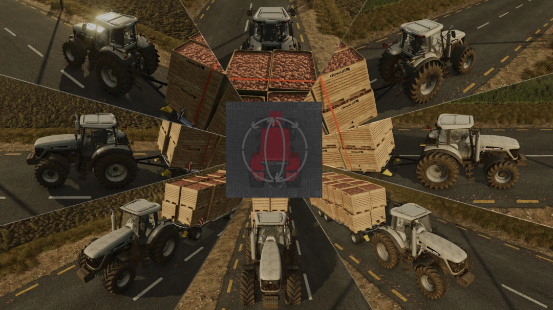 FS25 Quick Camera mod v1.0.0.0 showing multiple views of tractors with crates on a road.