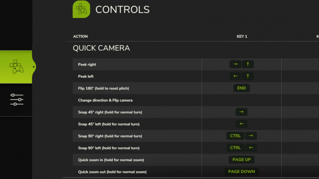 Quick Camera v1.0.0.0 mod controls for FS25 showing key assignments for camera actions.