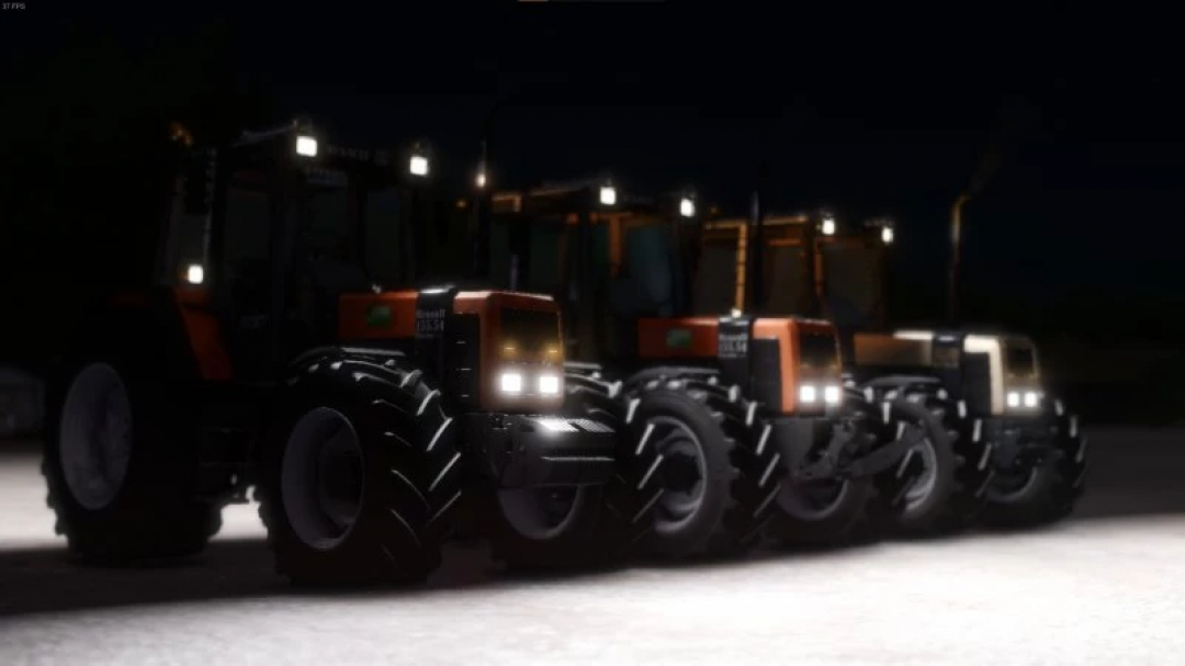 Four Renault TZ tractors in Farming Simulator 22 mods, arranged in a row at night.