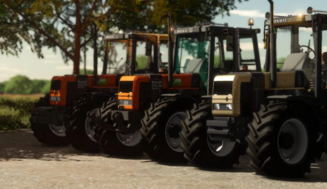 Renault TZ tractors in Farming Simulator 22 mod lineup, showcasing various colors and designs. FS22 mods featured.