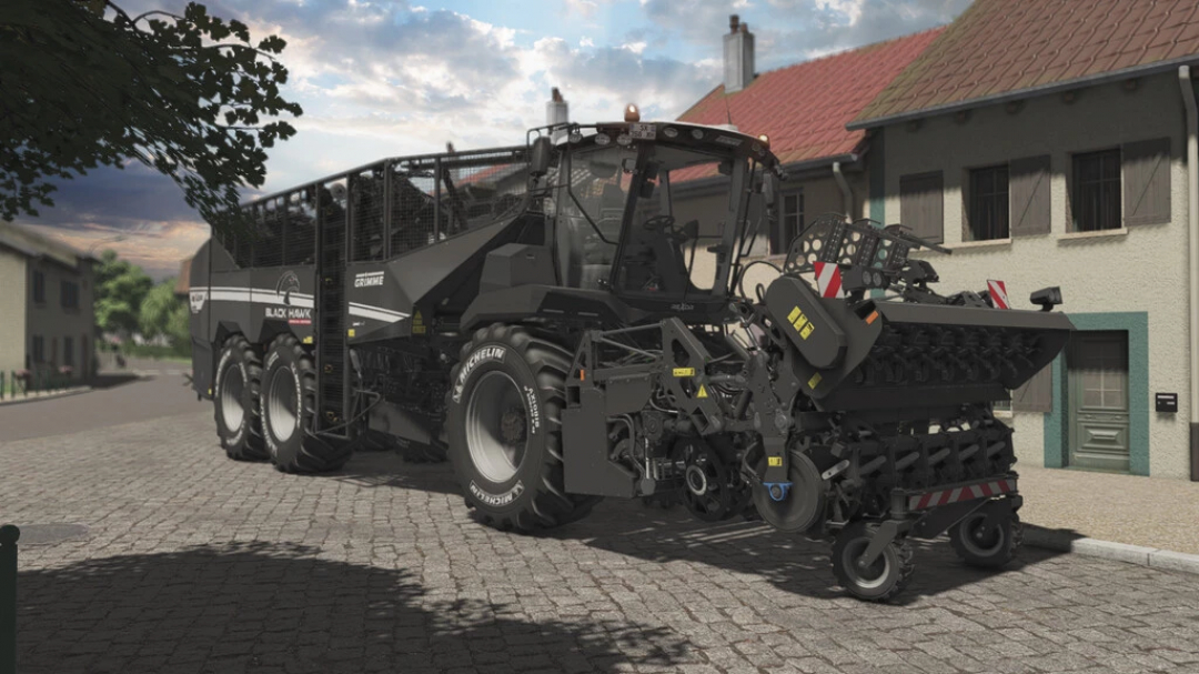 Rexor 6300 Blackhawk v1.0.2.0 mod for FS22 in a village setting, showing a detailed modern harvester.