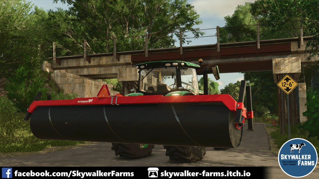 FS25 mod: Rite Way TPH-20 Land Roller attached to a tractor under a bridge in Farming Simulator 25.